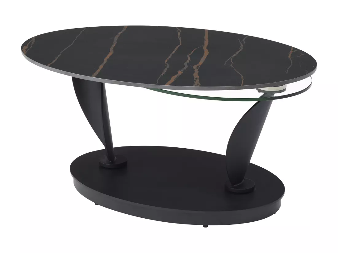 Table basse avec plateaux pivotants en céramique, verre trempé et métal - Effet marbre noir - MANEYA de Maison Céphy