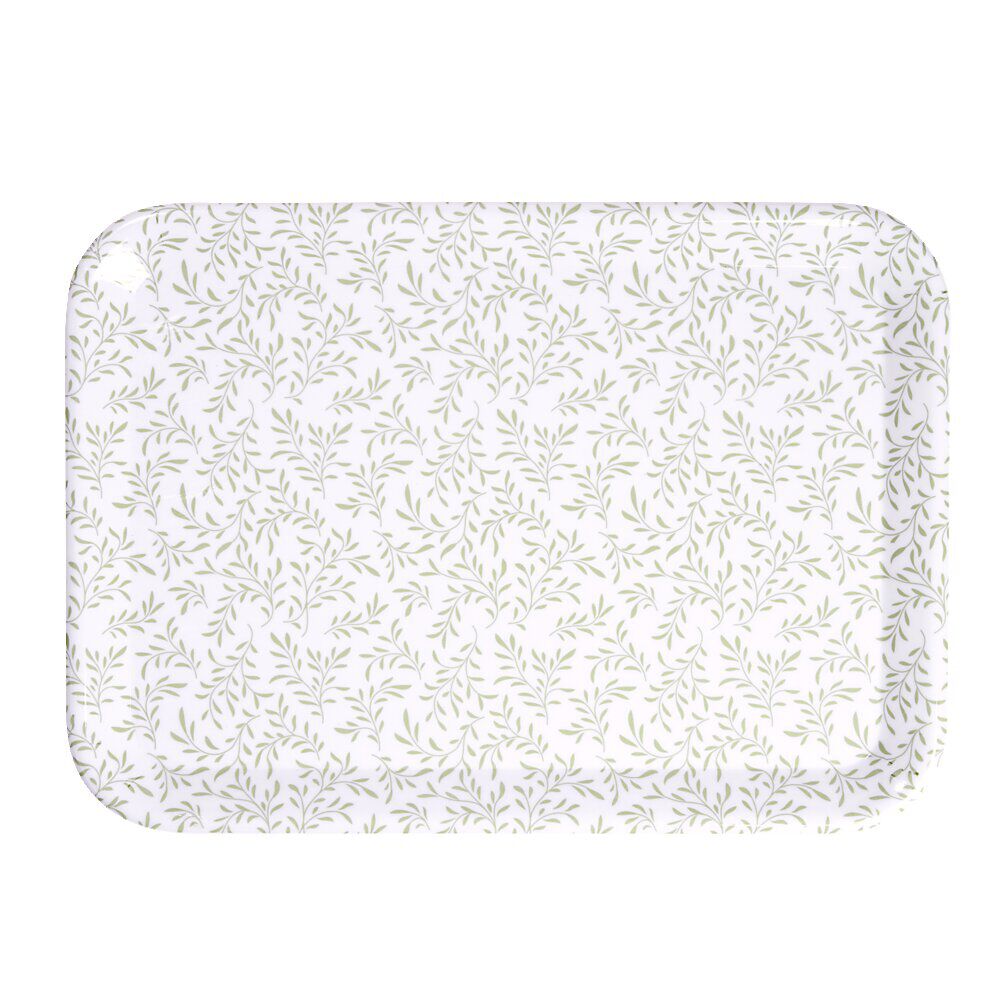Plateau rectangulaire motif feuillage blanc et vert 27x38cm