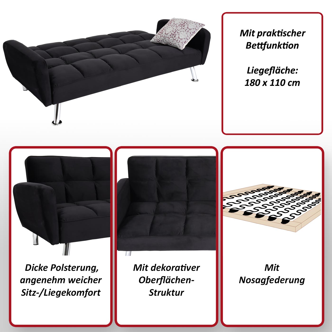 Sofa MCW-K19, Couch Schlafsofa Gästebett Bettsofa Klappsofa, Nosagfederung Schlaffunktion 203cm ~ Samt schwarz