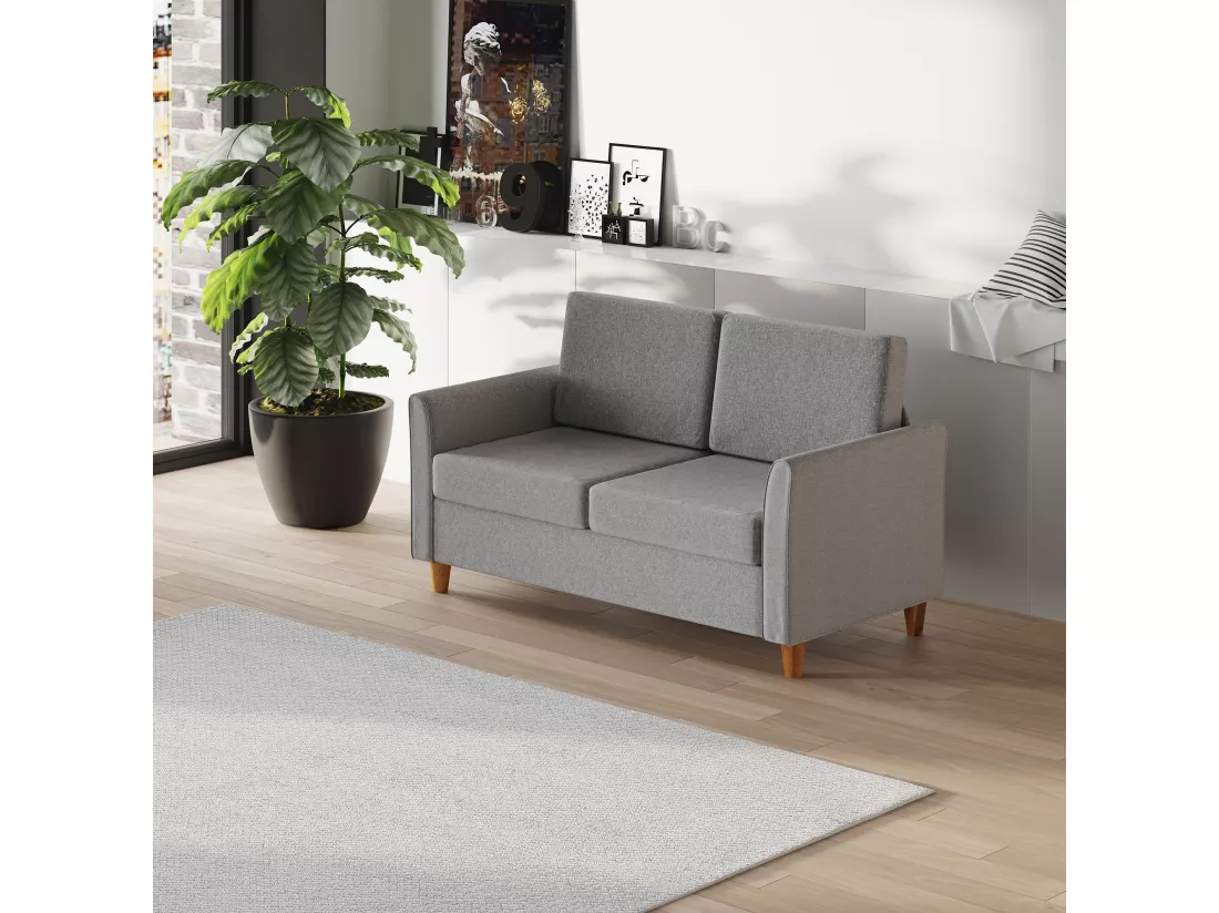 Canapé 2 places design scandinave dim. 141L x 65l x 78H cm pieds bois massif tissu lin gris clair chiné
