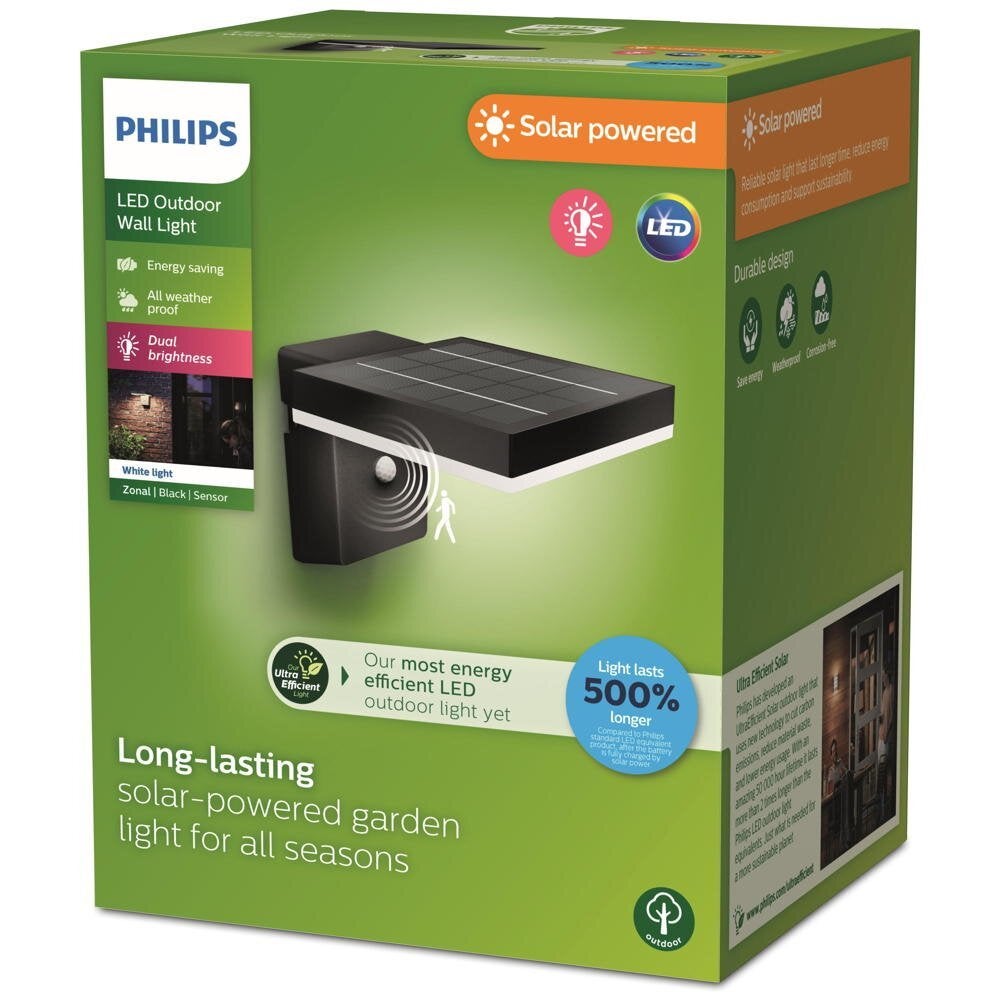 LED Solar Wandlamp Zonal in Zwart en Wit 1,3W 250lm IP44 met Bewegingsmelder en Schemersensor, Vierkant