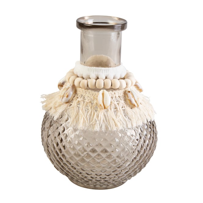 Vase mit Makramee und Muscheln - schwarz/creme mit Muscheln - aus Glas - ca. 10 x 15 cm
