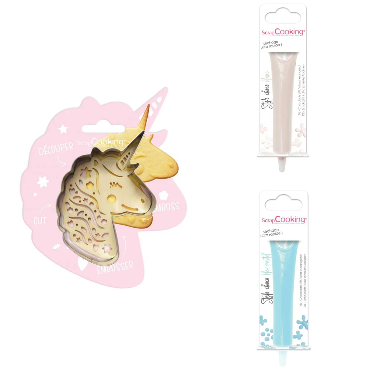 Kit pour biscuit en relief Licorne + 2 Stylos au chocolat blanc et ble