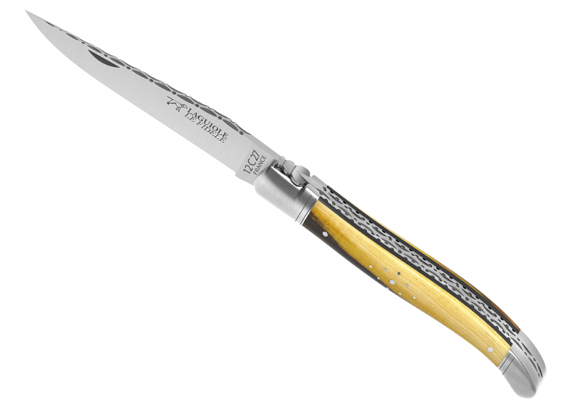 Couteau Laguiole prestige avec un manche en bois de pistachier et mitres en acier inoxydable
