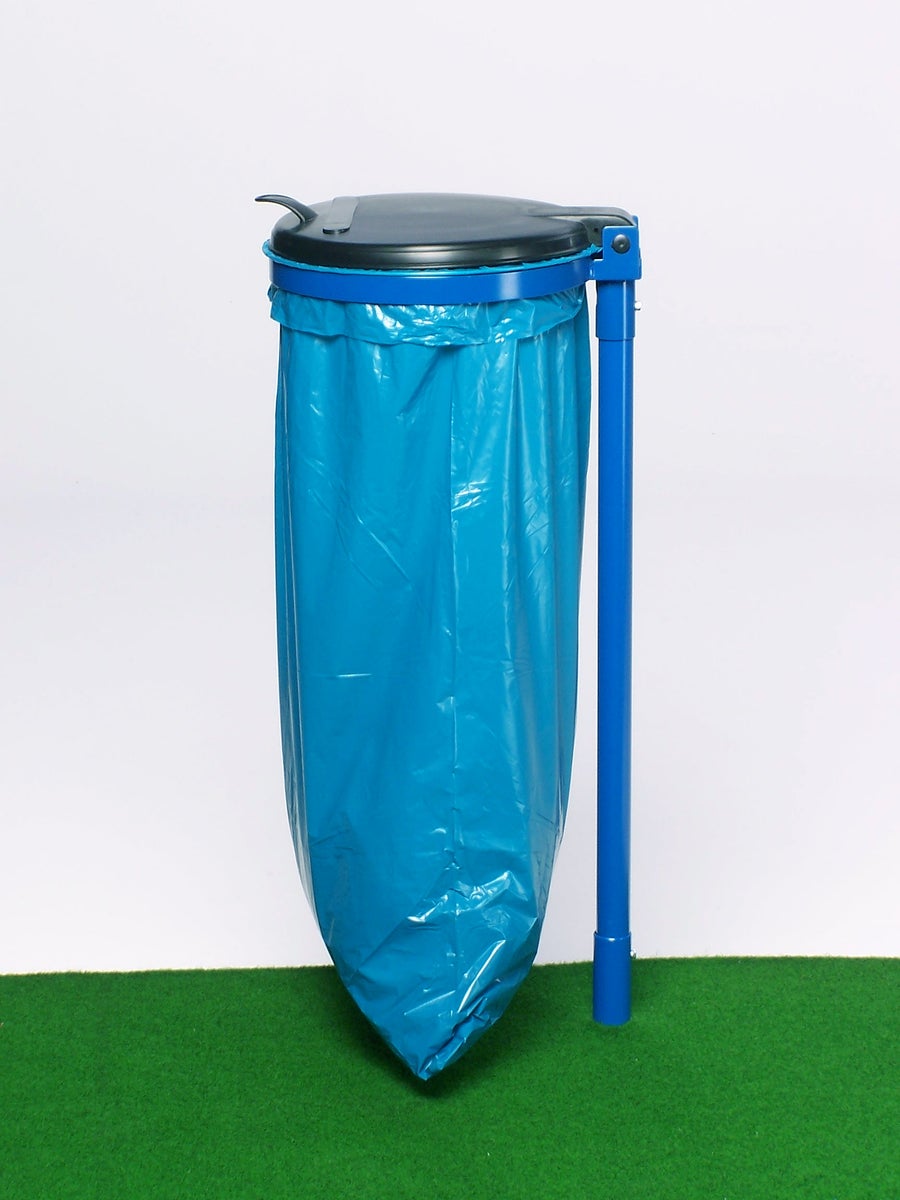 PROREGAL Robuuste enkele afvalbak met kunststof deksel en stang, 35 cm opening, HxBxD 98 x 50 x 45 cm, staal, blauw/zwart