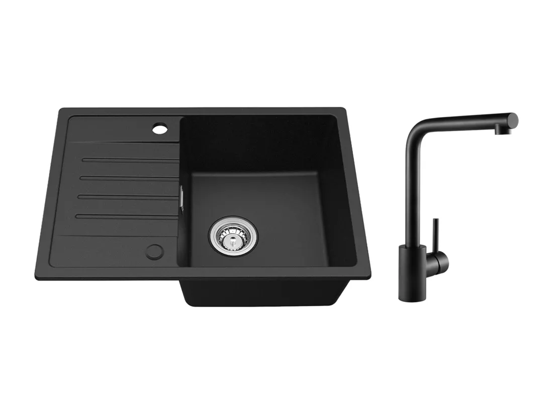 Noir Evier à Encastrer 1 Bac avec Egouttoir, Quartz et Résine, 65x45cm + Mitigeur de Evier Noir Rrotatif à 360 °