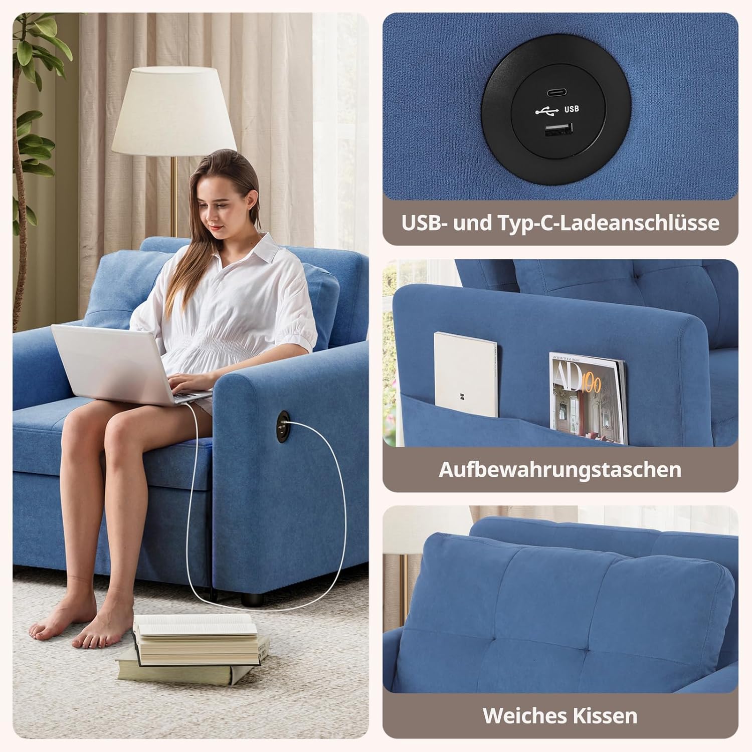 3-in-1 Schlafsessel Sofa Bett mit USB und Typ-C, Klappbares Einzelsofa mit weichem Kissen, Aufbewahrungstaschen und Verstellbarer Rückenlehne, Sherpa-Stoff Sofa Bed Chair 84 * 190cm, Blau