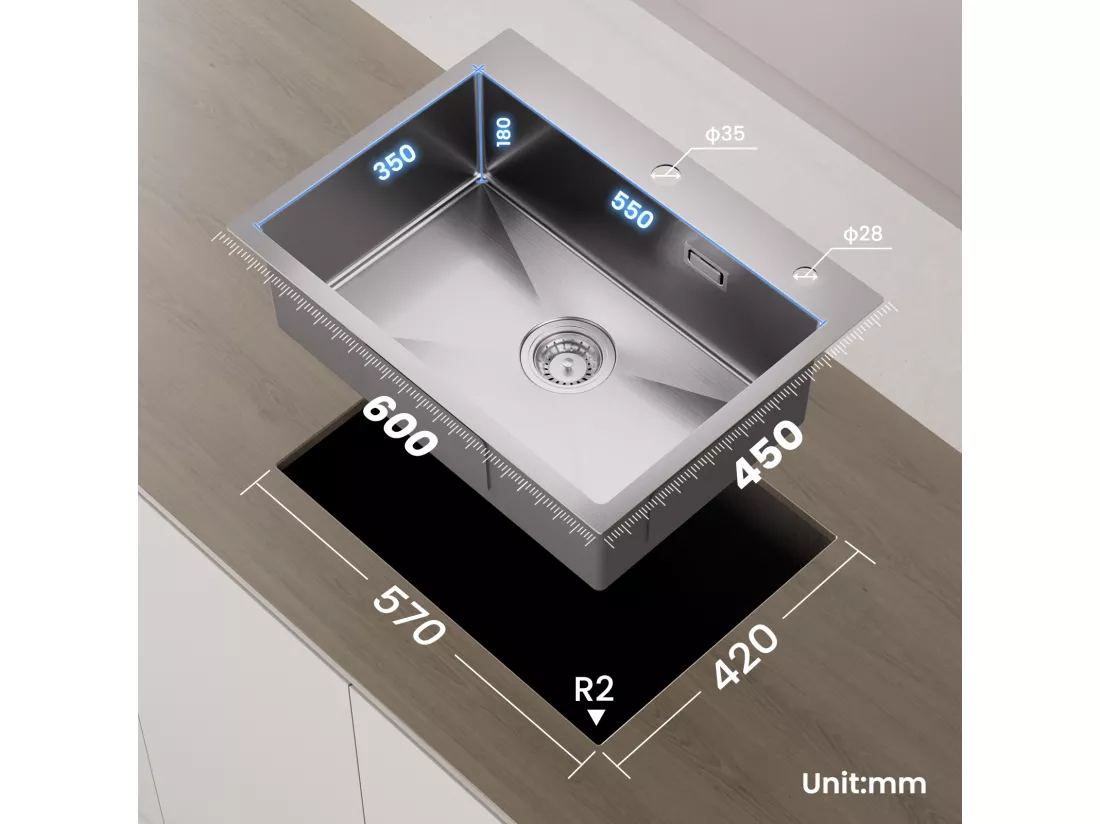 Cecipa max Évier 1 Bac 60×45cm Évier Inox Brossé avec Panier de Drainage + Mitigeur de Cuisine à Ressort avec 3 Modes de Sortie D'eau, Noir