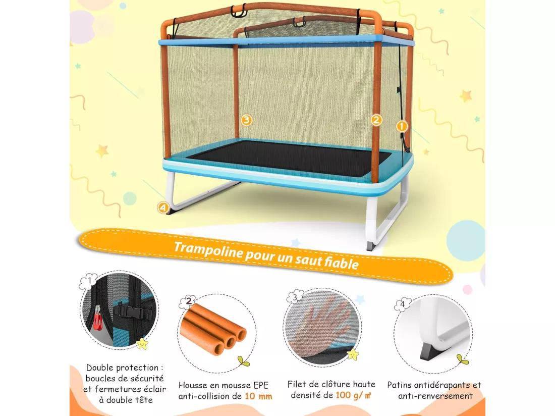 3 en 1 Trampoline Extérieur Enfants Rectangulaire (190x124cm) avec Balançoire & Barre Horizontale, Trampoline de Jardin avec Filet de Sécurité, Charge Max 110kg pour Garçon et Fille