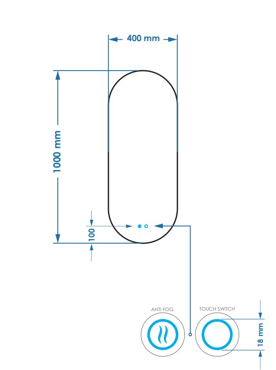 Gliss Design Orion spiegel verticaal met LED-verlichting en spiegelverwarming 40x100cm