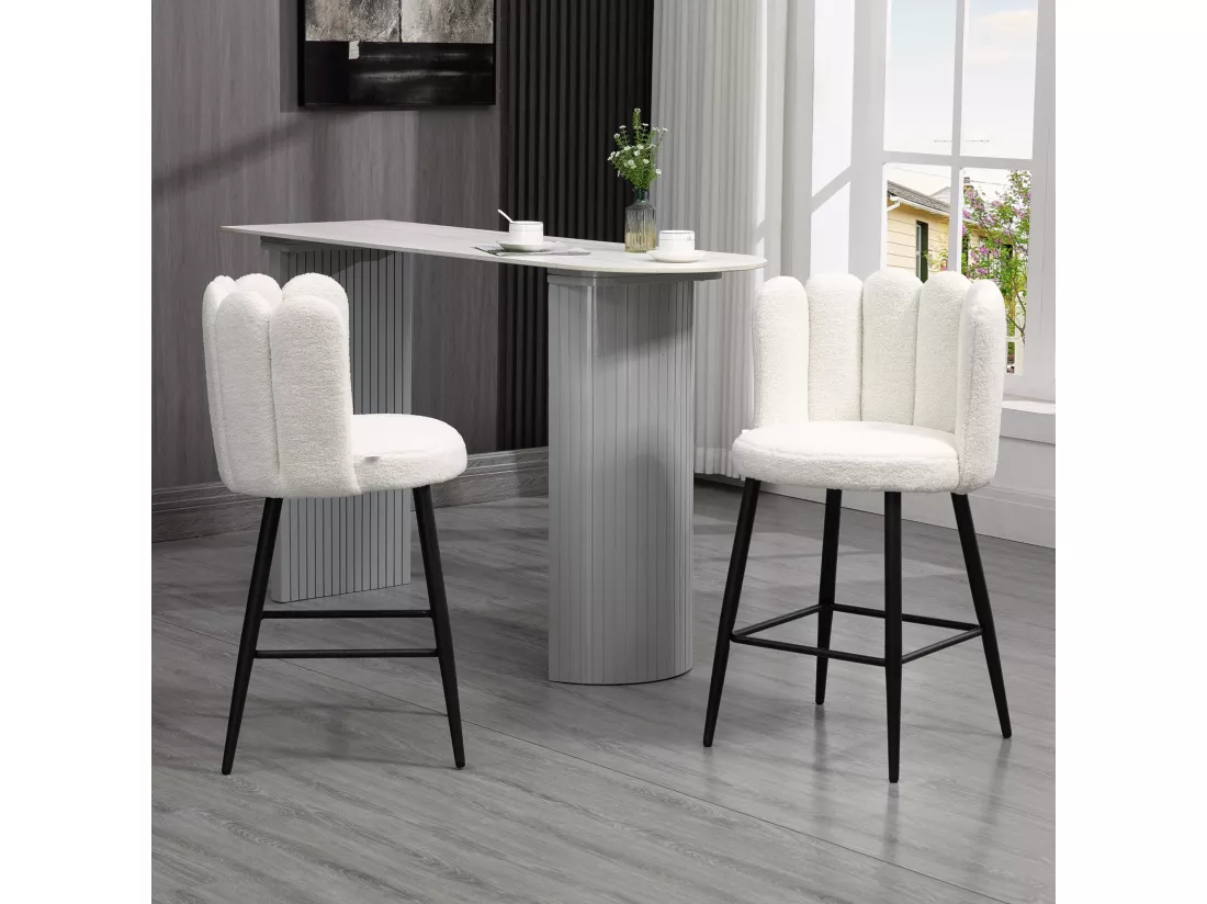 Lot de 2 tabourets de bar design contemporain - repose-pied - acier noir revêtement effet laine bouclée blanc
