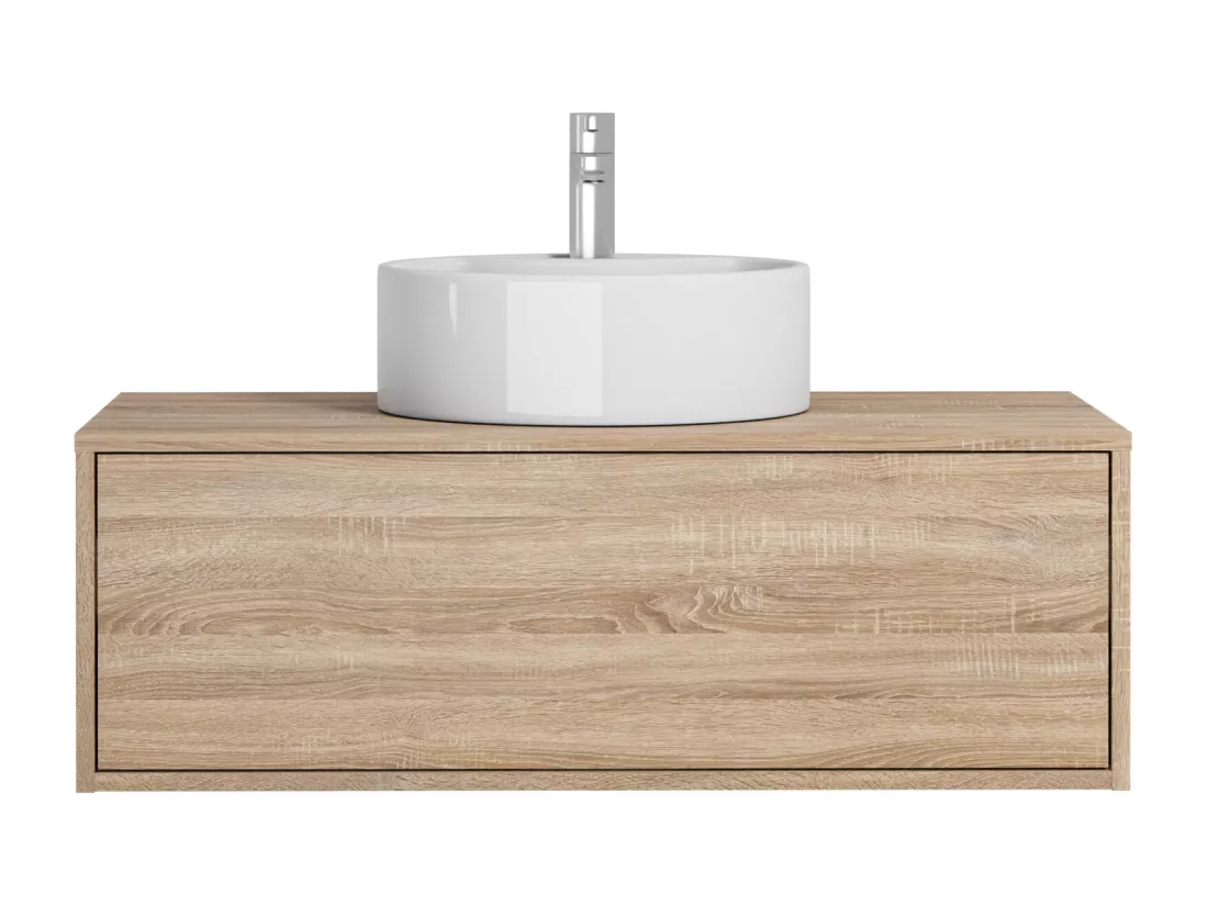 Meuble de salle de bain suspendu coloris naturel clair avec simple vasque ronde - 94 cm - TEANA II
