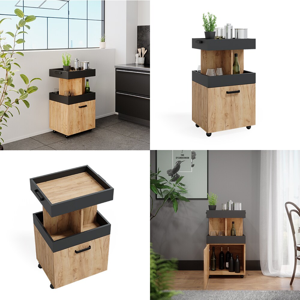 Vicco Hausbar Minibar Getränkebar Kamber Eiche Anthrazit Tür rollbar Ablage Fach