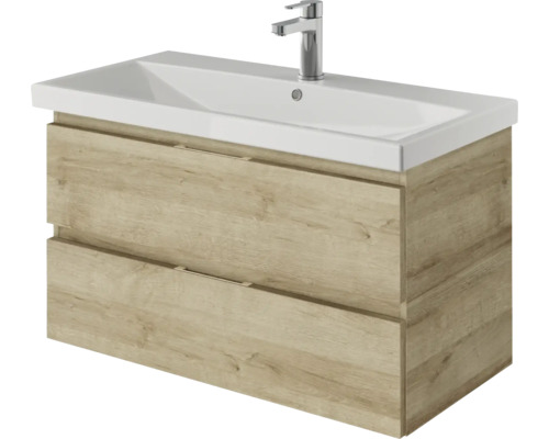 3-delige badkamermeubelset Pelipal serie 4035 BxHxD 90 x 200 x 43,5 cm, frontkleur eiken riviera, met keramische wastafel in wit en keramische wastafelkast, spiegel met LED-verlichting 40350900122470