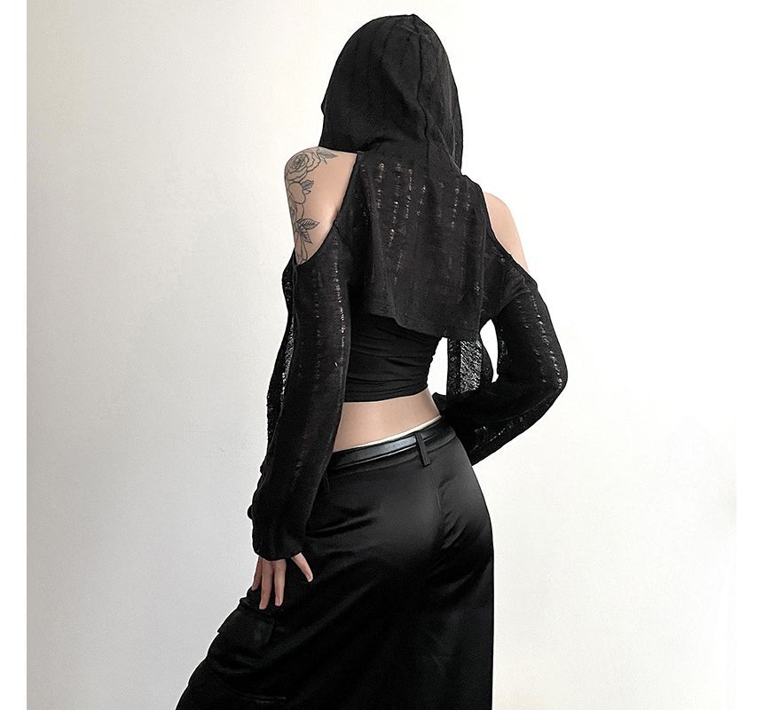 Sugarcoat - Lange mouwen, blote schouders, effen crop top met capuchon