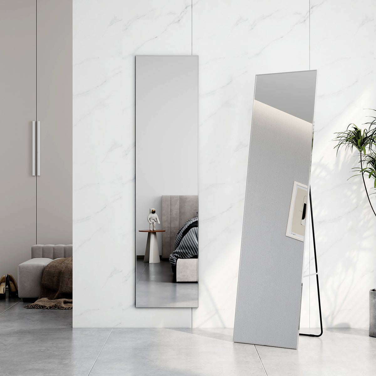 EMKE staande spiegel met aluminium frame, 160x40cm HD grote spiegel met haken, rechthoekige hoge spiegel voor woonkamer of kleedkamer, chroom