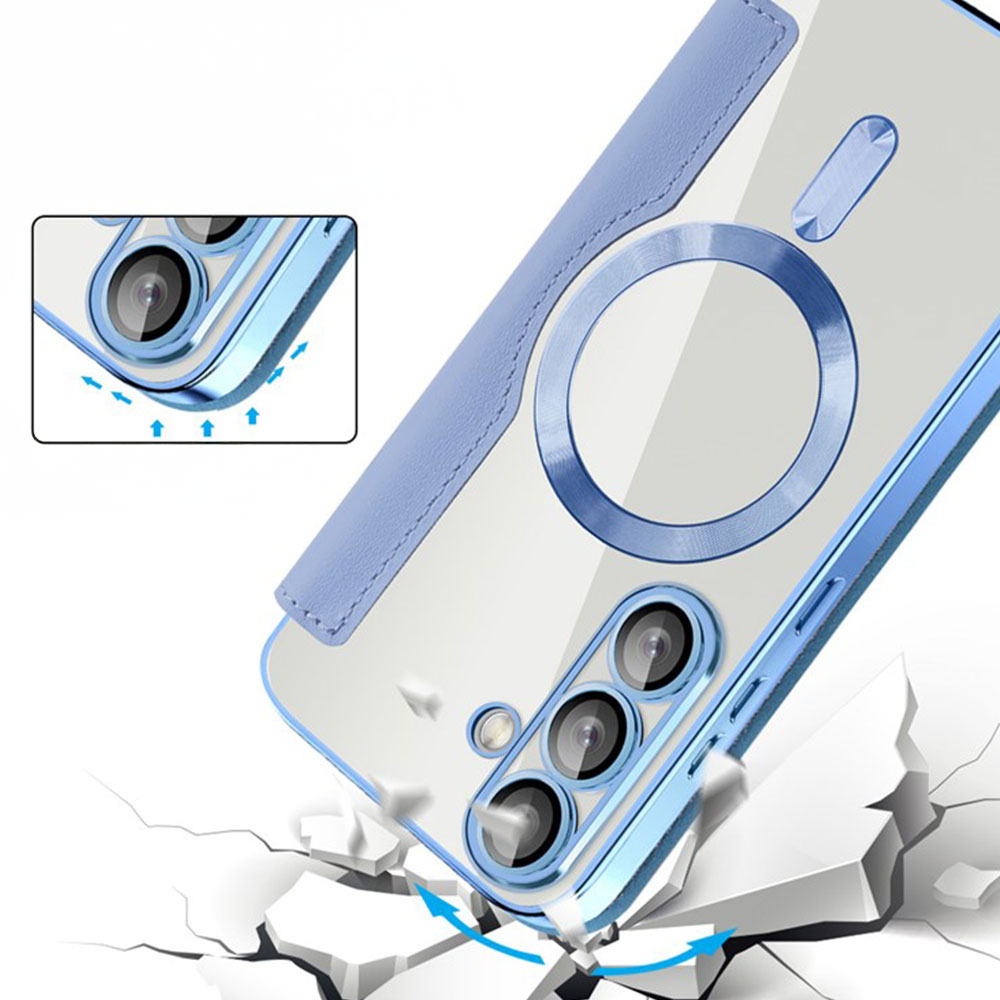 Samsung Galaxy S25  Plus Hybrid Leder Tasche   Kunststoff Rückseite MagSafe-Modul mit Steppmuster (RFID Schutz) - Blau / Transparent