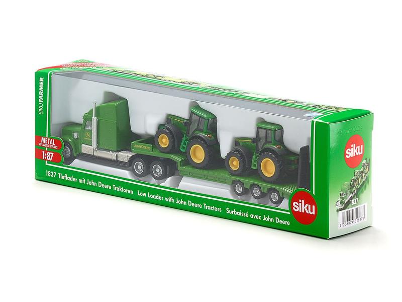 Siku Lastwagen mit Tieflader und 2x John Deere Traktoren 1: US-Truck Sattelzug mit zwei John Deere 6920S Traktoren
