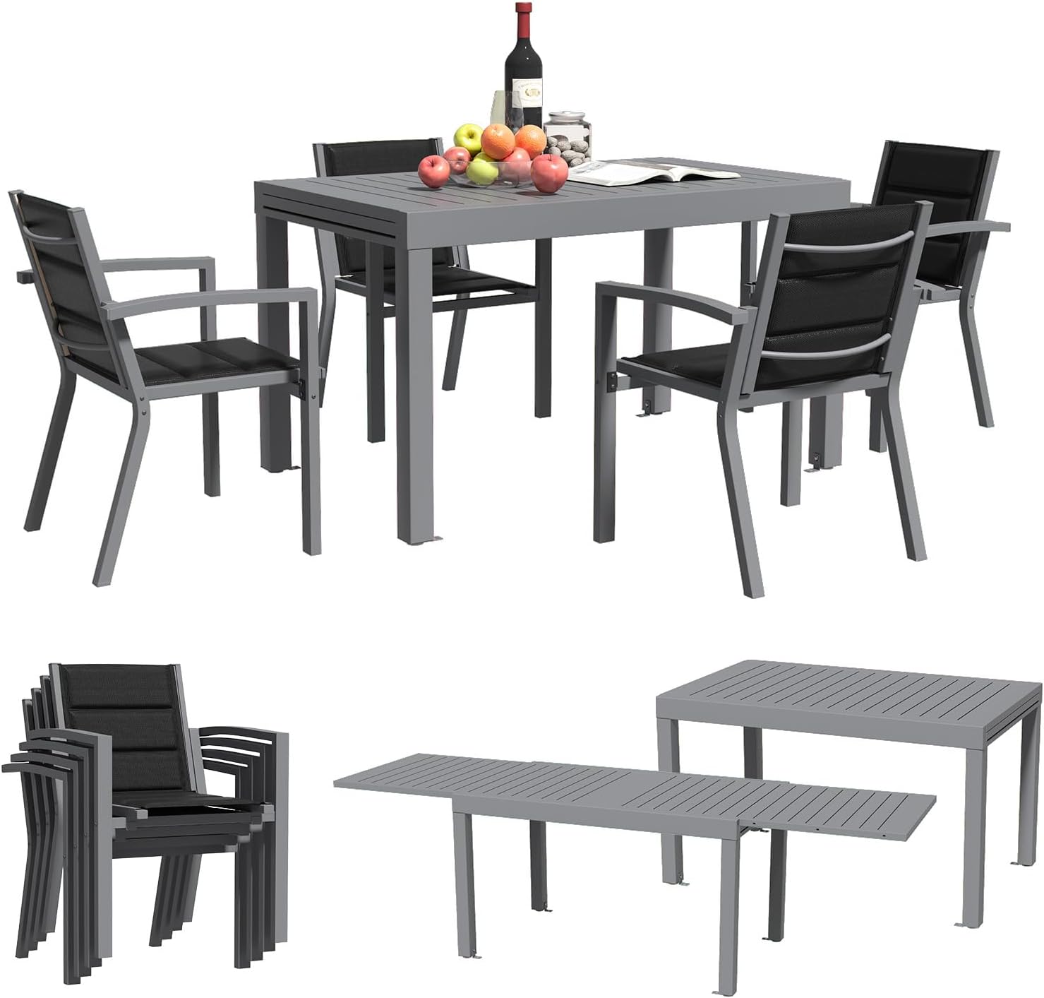 Gartenmöbel Set 4 Personen, Balkonmöbel mit Aluminium, 4 Stapelstühle und 1 80/160 cm Gartentisch Ausziehbar, Terassenmöbel Außen, Braun