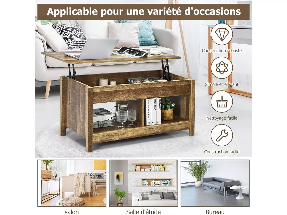 Table basse avec plateau relevable et espace de rangement caché, ideal pour salon 109 x 47,5 x 50 cm