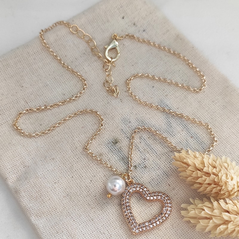 Collier pendentif en cœur - Laiton doré, plaqué or, perles & pierres de zircon
