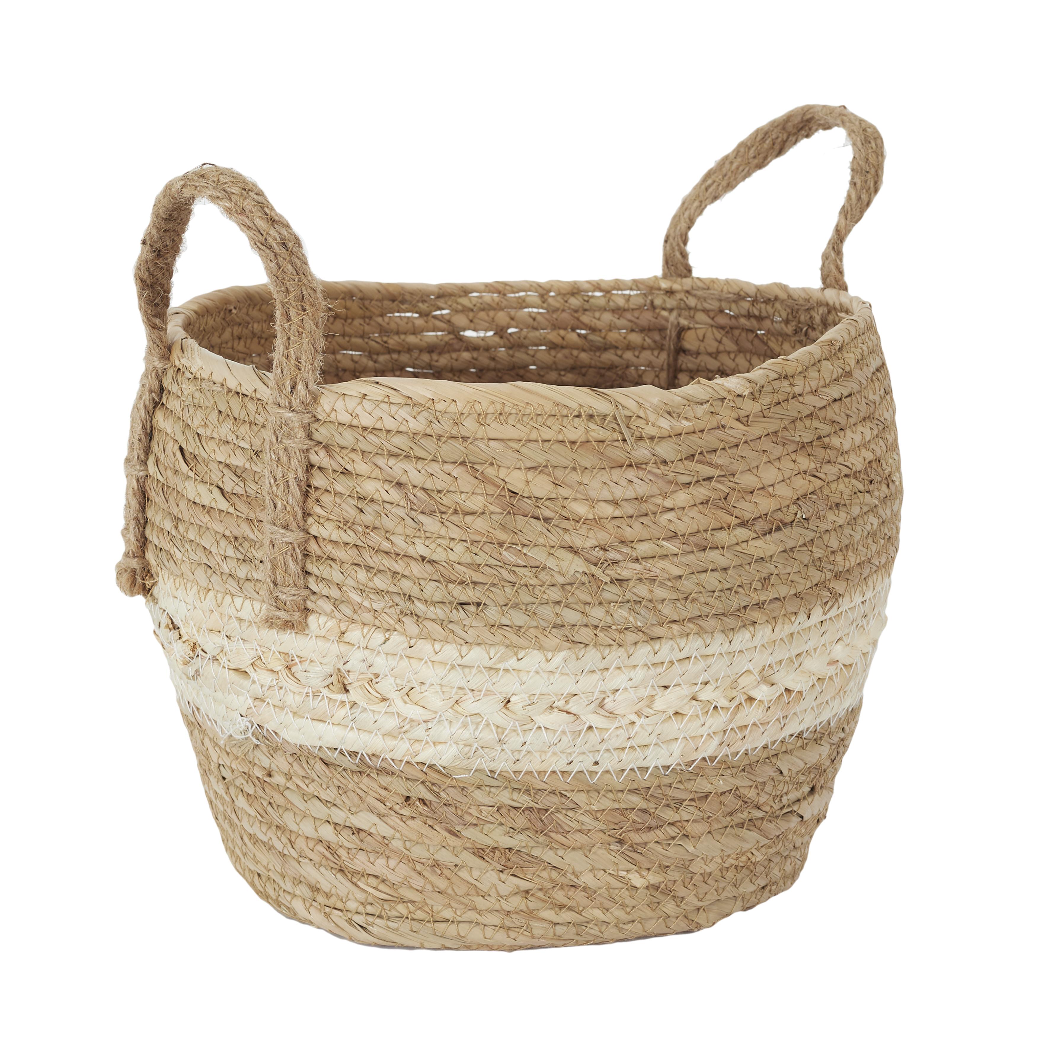 PANIER FIBRE VEGETAL ANSE ET BANDE BEIGE 25X19CM