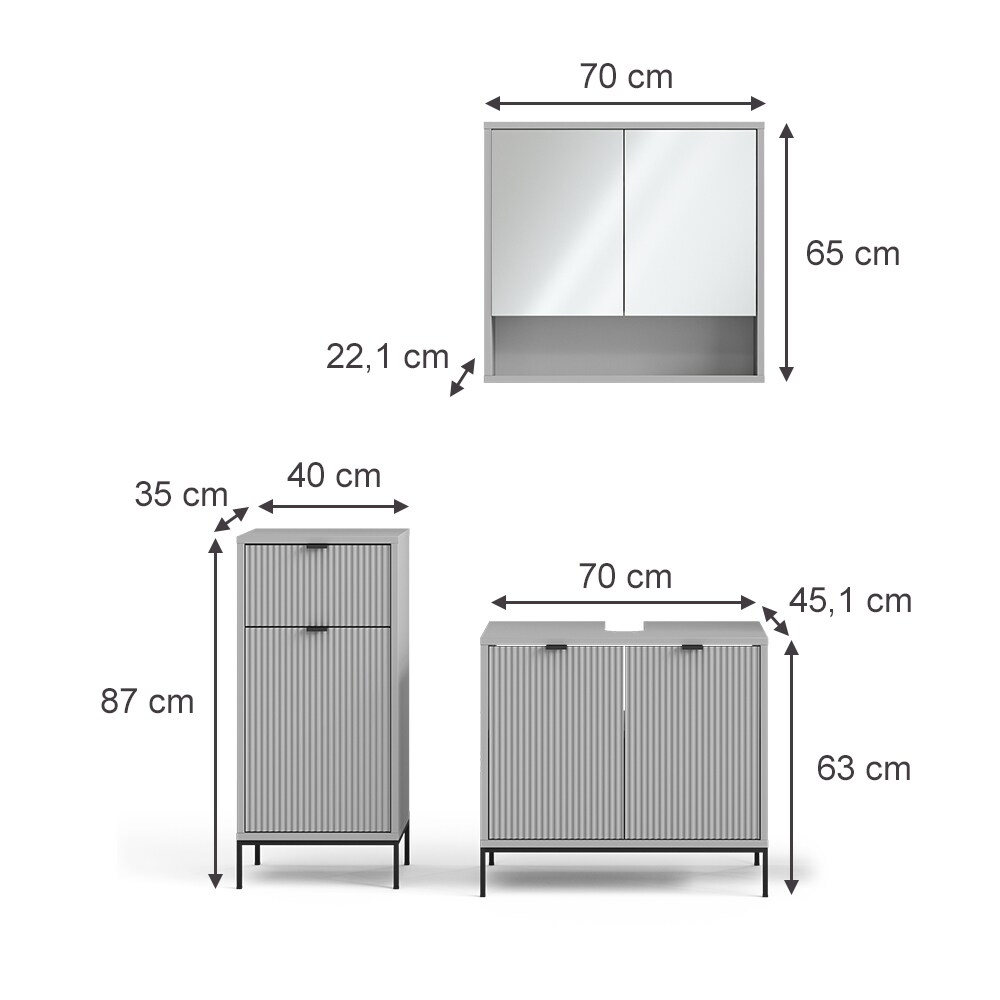 Vicco Badmöbel-Set Eliza, Grau, Badezimmer, moderne Badserie, extravagante Fronten, Waschtischunterschrank, Spiegelschrank, Midischrank