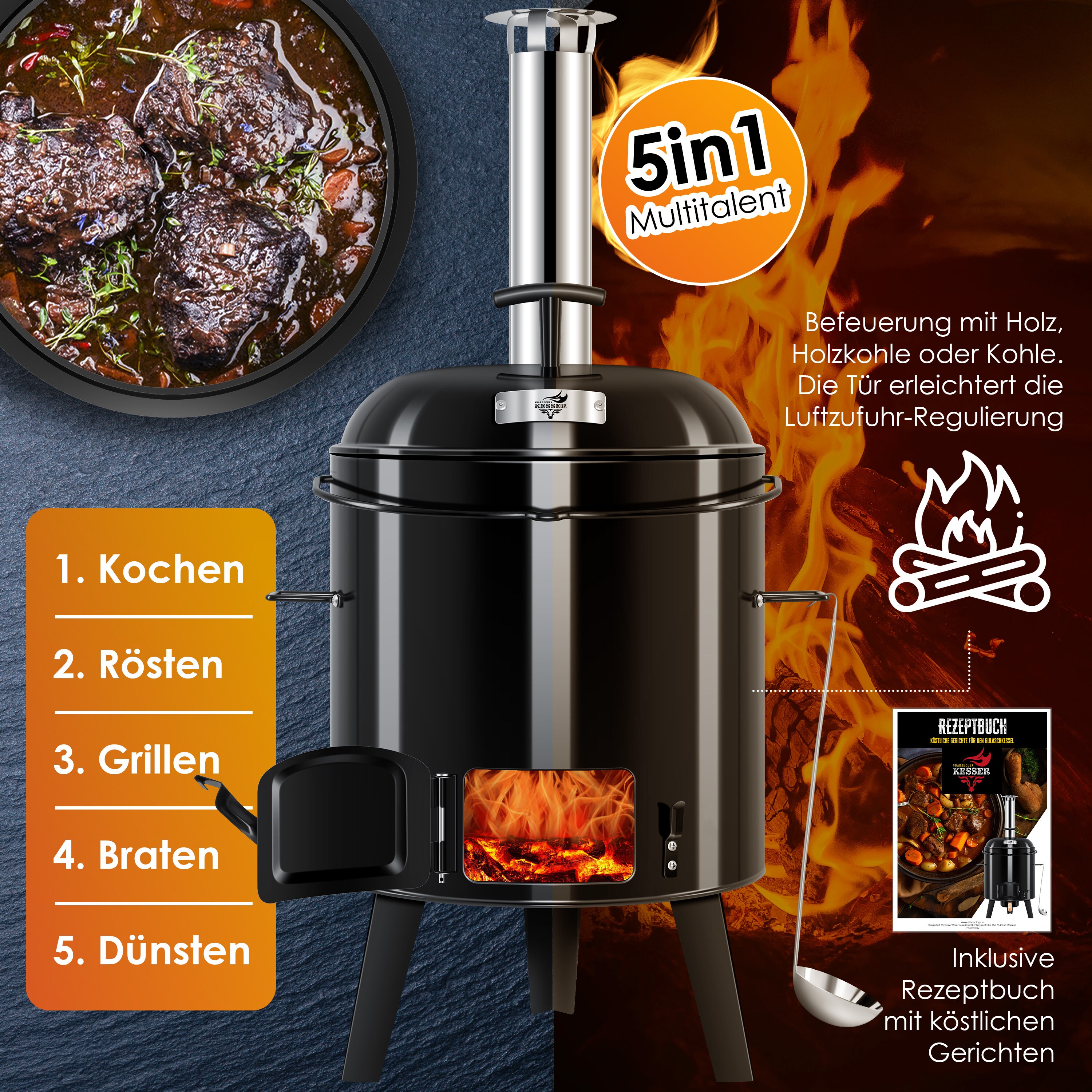 KESSER® Gulaschkessel Gulaschkanone | Eintopfofen mit Grillfunktion Ofen Grill Kugelgrill + Hähnchenbräter 8L Pfanne Kesselgulasch Topf 17 Liter emailliert mit Deckel für die Outdoor Küche Feldküche