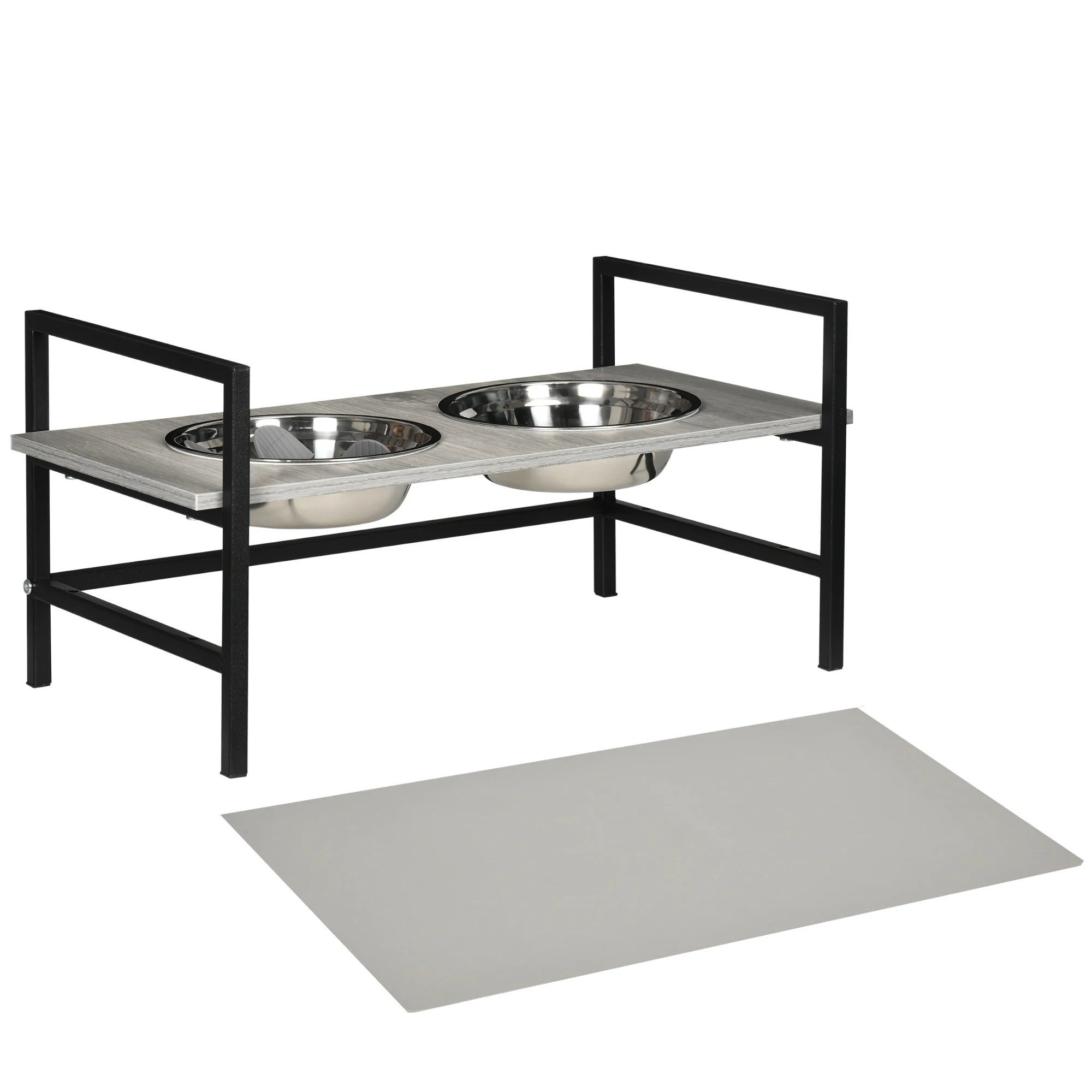 Comedouro elevado para cães PawHut, altura ajustável, com 2 tigelas de aço inoxidável (1100 ml cada), tapete e comedouro lento, 60 x 33 x 10-31,5 cm, cinza.