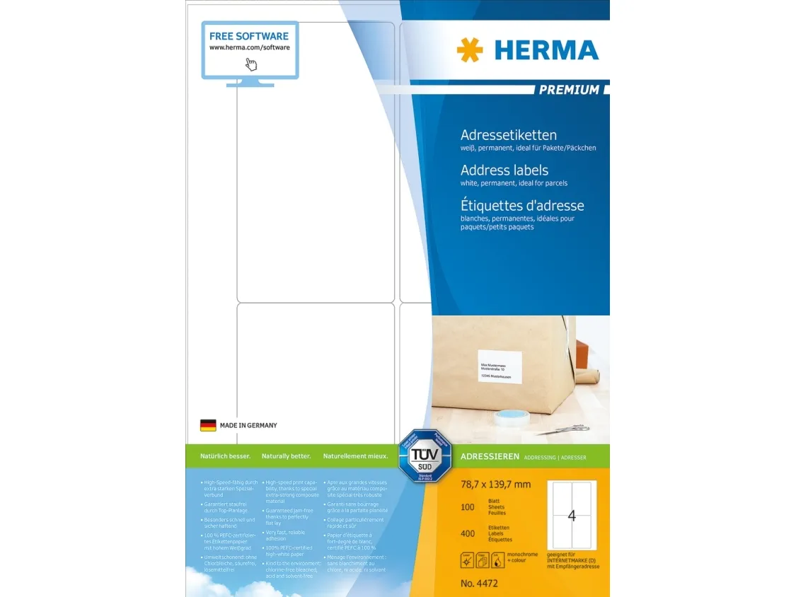 HERMA Premium - Papir - mat - permanent selvklæbende - hvid - 139.7 x 78.7 mm 400 etikette(r) (100 ark x 4) laminerede adressemærkater