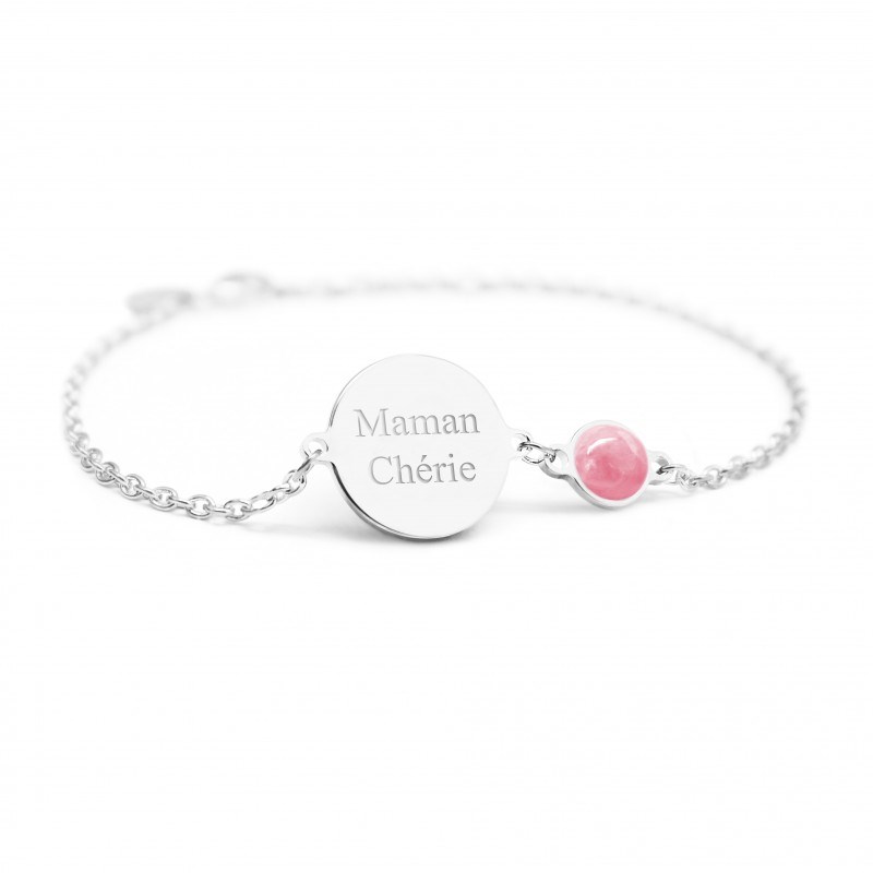 Bracelet chaine médaille et pierre rose argent 925 femme - gravure MAMAN CHÉRIE