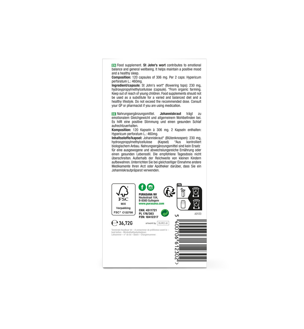 Purasana Sint Janskruid Millepertuis Vegan Bio (120 vega capsules)