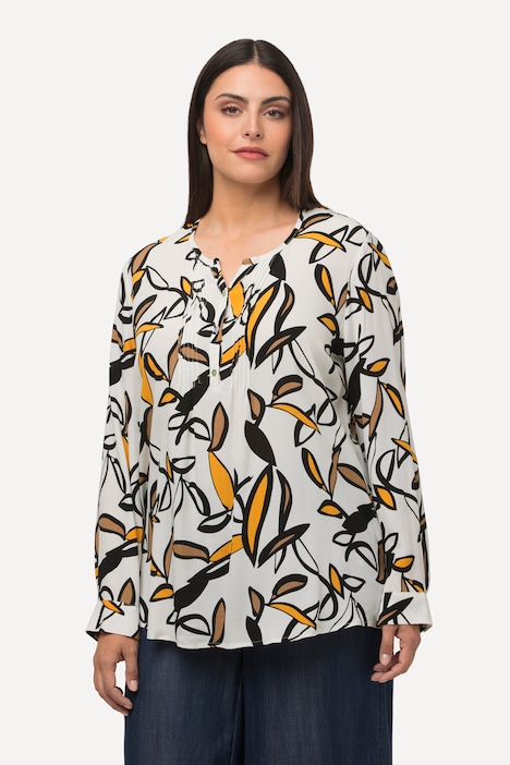 Bluse, bedruckt, Biesen, A-Linie, Rundhals, Langarm