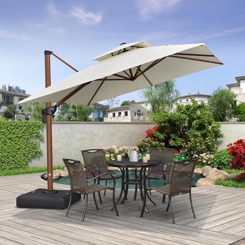 PURPLE LEAF Alu Ampelschirm Groß 270 x 270 cm Holzoptik Doppeldach Sonnenschirm mit schirmständer Gartenschirm mit Kurbel 360° Drehbar XXL, Sonnenschutz UV50+, Cream