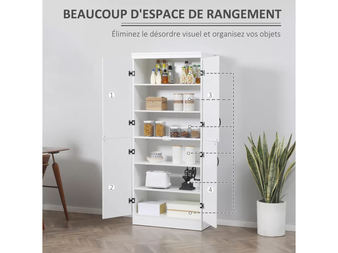 Armoire de cuisine buffet de salle à manger avec 4 portes 6 étagères de rangement style moderne 76 x 40 x 177 cm blanc