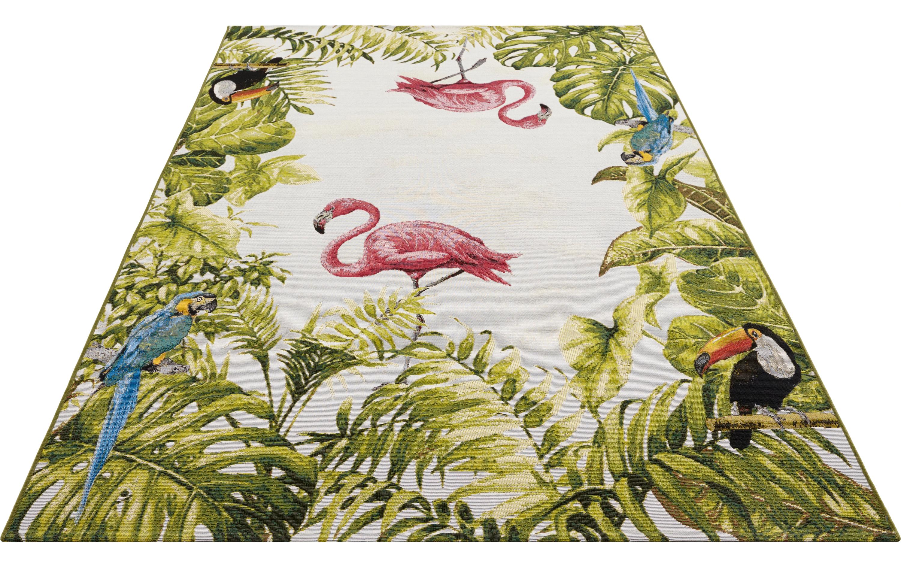 Teppich Tropical Birds 120 cm x 180 cm, MehrfarbigIn- & Outdoor Teppich, Flachegwebeteppich im Tropischen Design, Wetterfest & Wasserfester Aussenteppich mit Famingo Motiv für Terrasse, Balkon, Garten Wohnzimmer