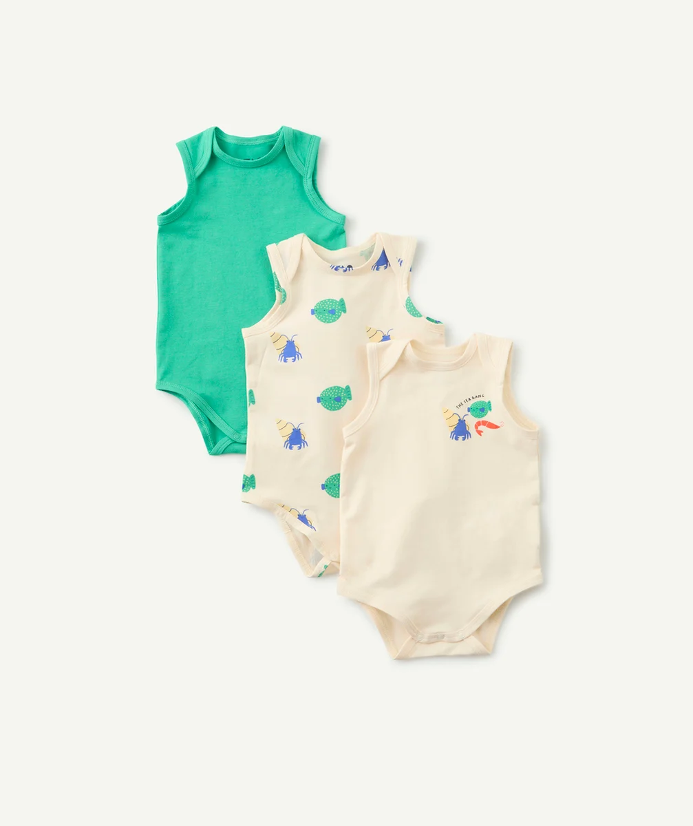 lot de 3 bodys bébé en coton bio vert et écru thème poisson