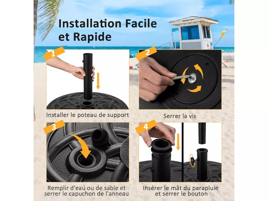 Pied de Parasol Lourd pour Parasol φ38/48 mm, Socle Parasol Extérieur en HDPE Rempli de 39Kg Sable/ 23L Eau, pour Terrasse, Piscine, Patio, Jardin, Restaurant, Dia.56 x H30 cm