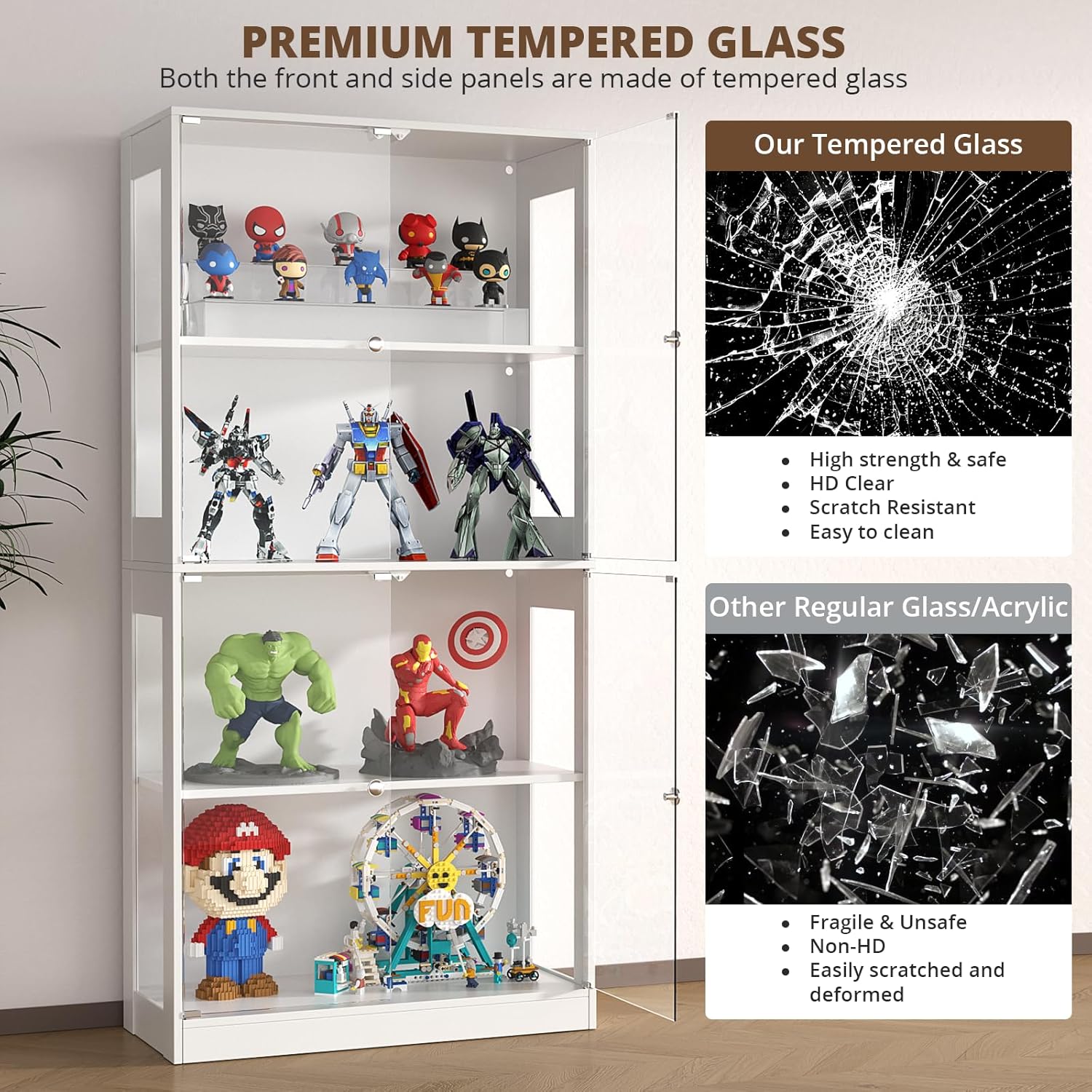 VOWNER 4-Lagen LED Vitrine mit Glastür, Vitrinenschrank mit 3-farbige Beleuchtung Bewegungssensor, Glasvitrine für Sammlerstücke, Bücherregal für Wohnzimmer, Schlafzimmer, Büro (Weiß, 4 Regalböden)