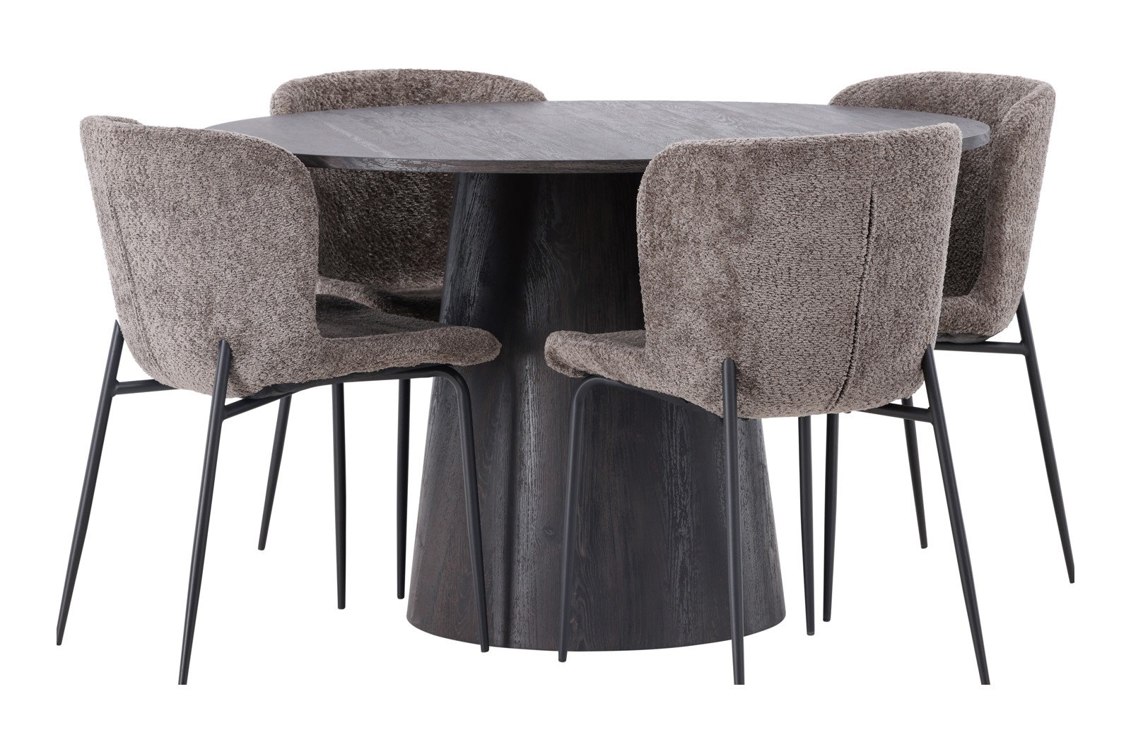 Lanzo og Modesto Spisegruppe Lanzo rundt spisebord ø120cm i mocca med 4 stk. Modesto spisestoler i Mørk Grå bouclé og sorte ben.