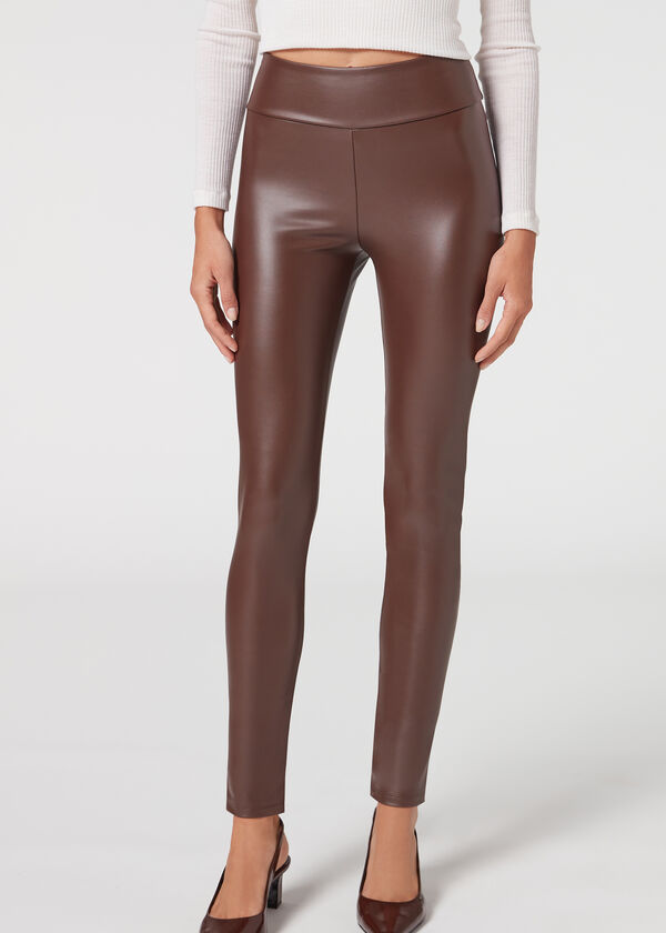 Calças legging com efeito de couro térmico