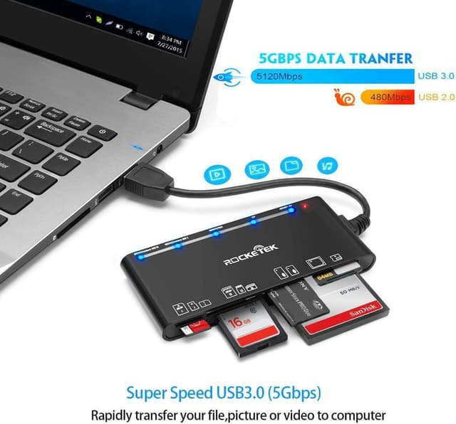 NÖRDIC USB-A kortlæser 7 slot 1xCF, 2xSD, 2xMicroSD, 1xMS, 1xXD UHS-I