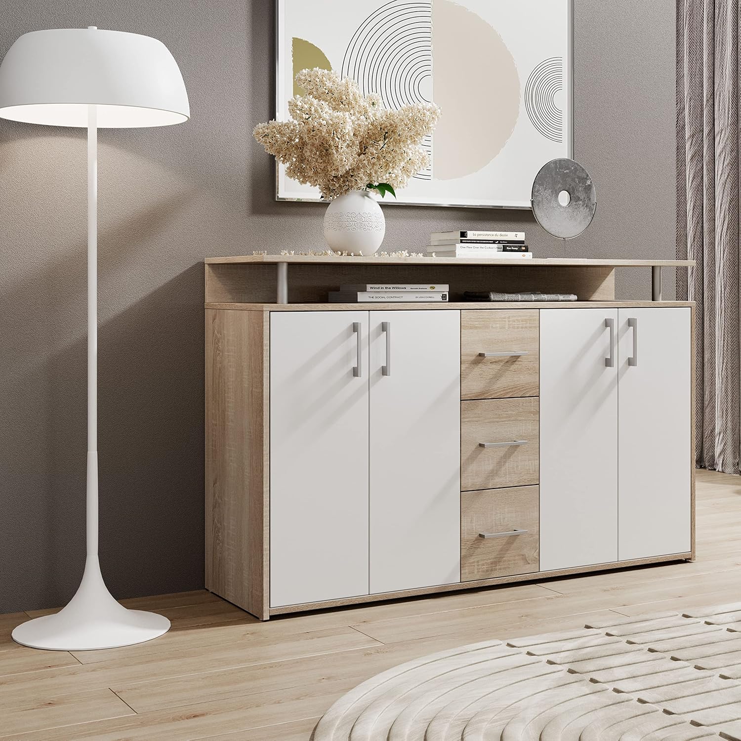 DRIFT Sideboard mit Ablage in Eiche Sonoma Optik, Weiß - Moderne Kommode mit Schubladen und viel Stauraum für Ihren Wohnbereich - 139 x 90 x 34 cm (B/H/T)