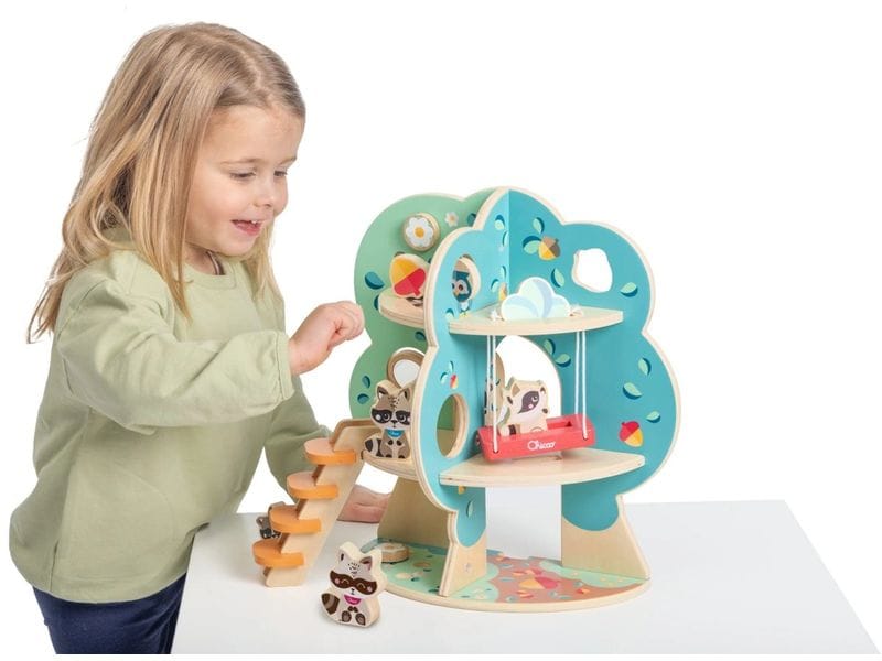 Chicco Steckspiel My Wood Friends Der Waschbär Baum Lernspielzeug aus Holz mit Tierfiguren und Formen