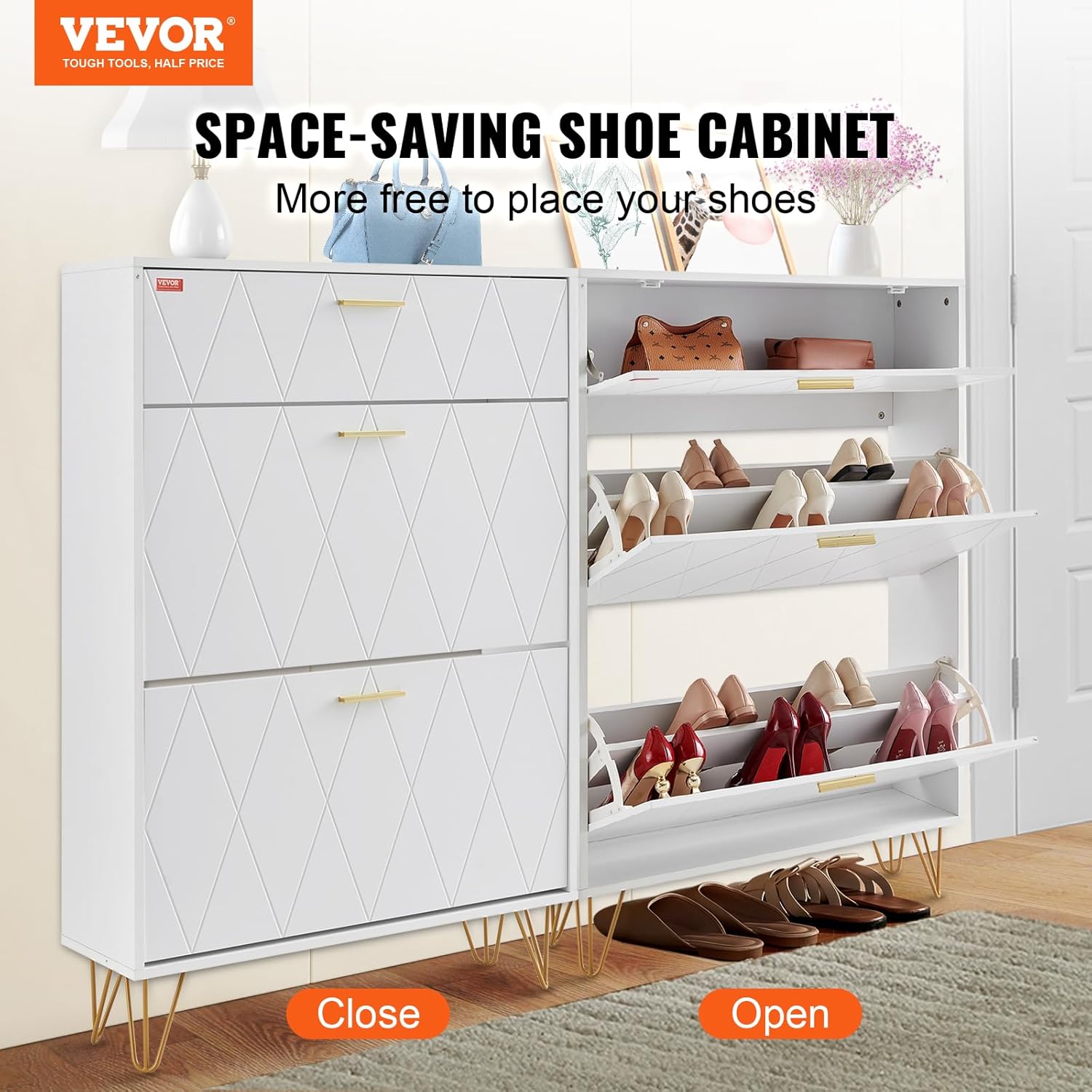VEVOR Schuhschrank Schmal, Schuhregal Weiß, 800 x 239 x 1200 mm Schuhkipper mit 3 Klappen + oberem Staufach, Schuhkommode 68 kg Tragfähigkeit, Aufbewahrungsschrank Schuh P2-Spanplatte für Flur