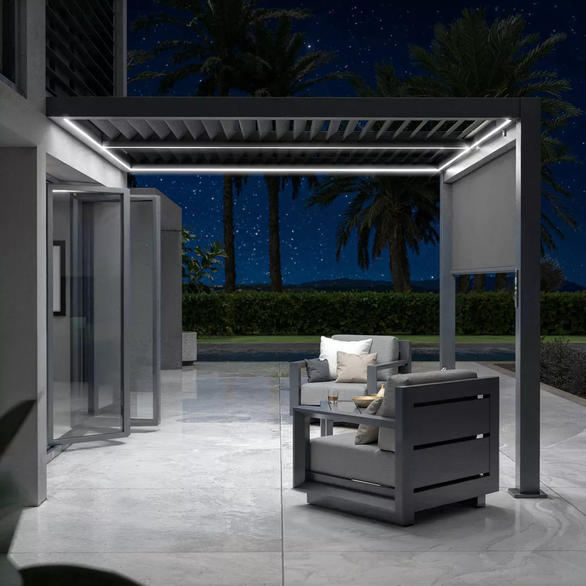Pergola bioclimatique Adossée motorisée aluminium et LED(3 x 3 m) Gris anthracite