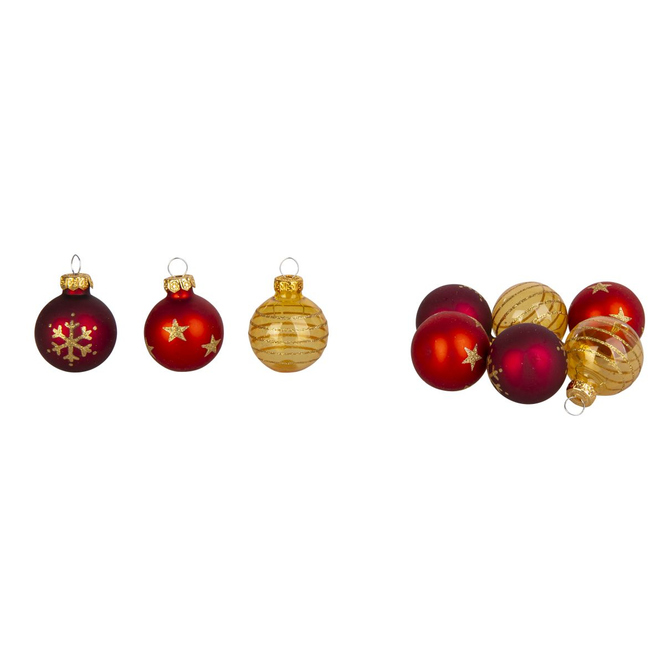 Christbaumkugeln aus Glas - Sterne/Schneeflocken/Streifen - rot/gold - ca. 3 cm - 9 Stück