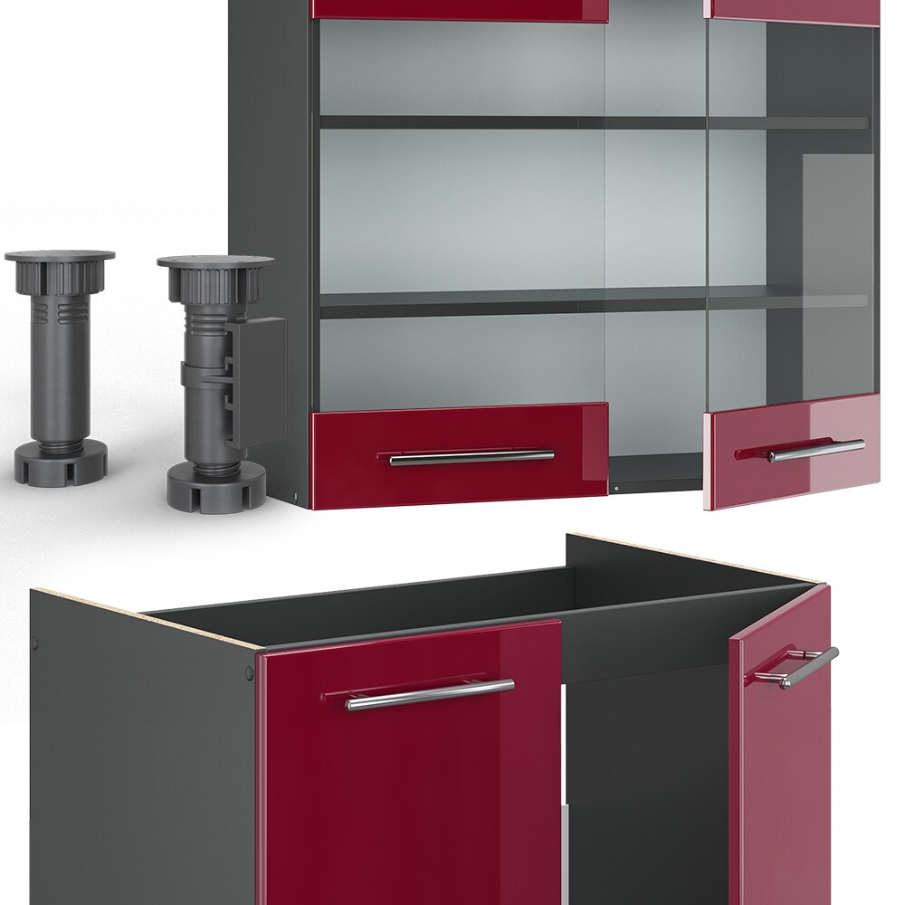 Vicco Küchenzeile Küchenblock Einbauküche Fame-Line Anthrazit Rot 235 cm modern Hochglanz Küchen Schränke Hängeglasschrank Hängeschrank Schubladenunterschrank Spülenunterschrank Herdumbauschrank