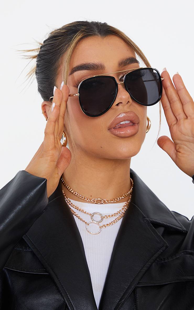 Noir Lunettes De Soleil Aviateur Surdimensionnées Avec Détails Dorés