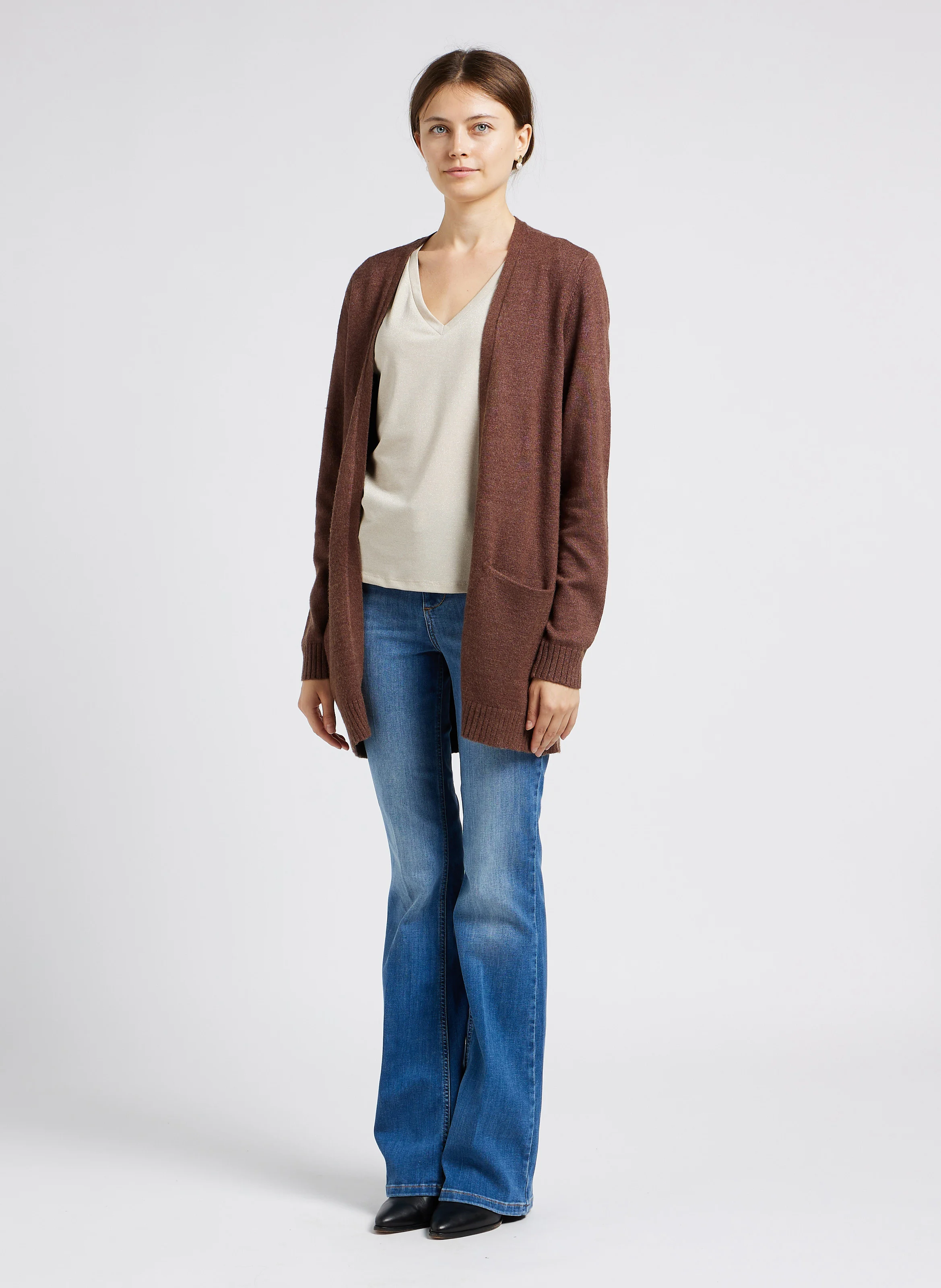 Gilet col châle mi-long à poches en maille mélangée | Marron